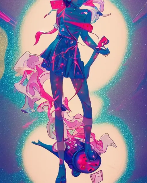 Image similar to james jean isolated vinyl figure magical girl character design, figure photography, dynamic pose, holographic undertones, motion shapes color design, glitter accents on figure, anime stylized, sharp focus, accurate fictional proportions, high delicate defined details, ethereal lighting