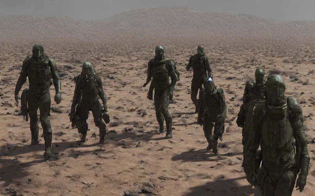 Prompt: a group of five people in dark green tactical gear like death stranding and masks on a rescue mission like the film stargate walk through a sandy desert with distant red mesas ahead of them. They've found a dead body. dusty, mid day, heat shimmering.