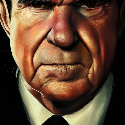 Image similar to closeup portrait of richard nixon, realistic portrait, dramatic lighting, trending on artstation, high detail, by greg rutkowski