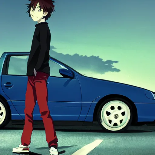 Prompt: close up of a high definition anime guy with short dark blue hair and black streetwear clothing riding a dark red 1996 Hyundai Accent car with armenia quindio in the background, Artwork by Makoto Shinkai, pixiv, 8k, official media, wallpaper, hd