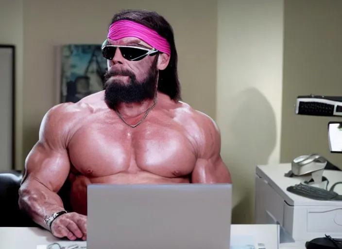 Image similar to film still of Macho Man Randy Savage on a computer in the new Wolf of Wallstreet movie, 8k