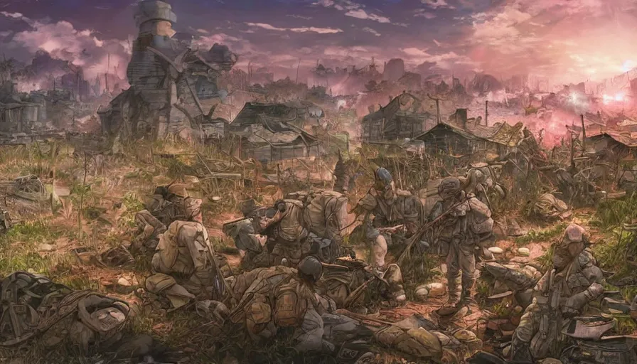 Image similar to the beautiful, dreamy, wistful view of a battlefield after war filled with death at dusk. hyperrealistic anime background illustration by kim jung gi, colorful, extremely detailed intricate linework, smooth, super sharp focus, bright colors, high contrast, matte, octopath traveler, unreal engine 5 highly rendered, global illumination, radiant light