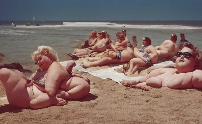 Image similar to 50s movie still: obese people sunbathing at the Polish seaside, by David Bailey, Cinestill 800t 50mm eastmancolor, heavy grainy picture, very detailed, high quality, 4k, HD criterion, precise texture, realistic human anatomy