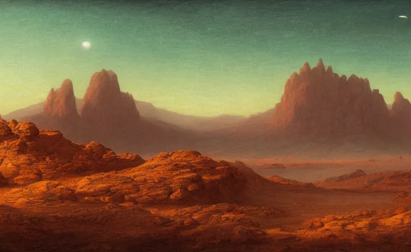 Prompt: martian landscape, close up shot, rocky, at dusk, distant mountains, 4k, rule of thirds, extreme detail, hazy, intricate ink illustration, surreal, surrealist, trending on artstation, cgsociety, hd, calm, complimentary colours, realistic lighting, by Albert Bierstadt, Frederic Edwin Church.