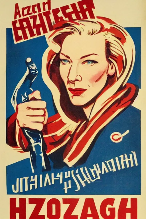 Image similar to american propaganda poster with cate blanchett calling on the world community to fight against Nazism, Ultra Detailed, soviet realism