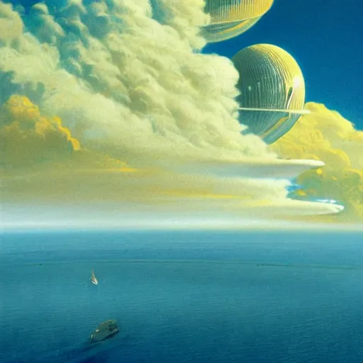 Image similar to beautiful matte painting of golden shores of a blue dreamy ocean, heavenly island in the clouds floating above the ocean, spaceship flying by, towering mountains emerging from the ocean, entrance to a city, sci - fi, daylight, blue sky, cinematic lighting, cinematic perspective, syd mead, john harris, federico pelat