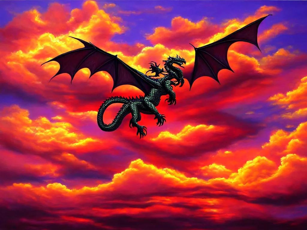 Image similar to A dragon made of rubies and gold flying in sunset clouds, realistic oil painting