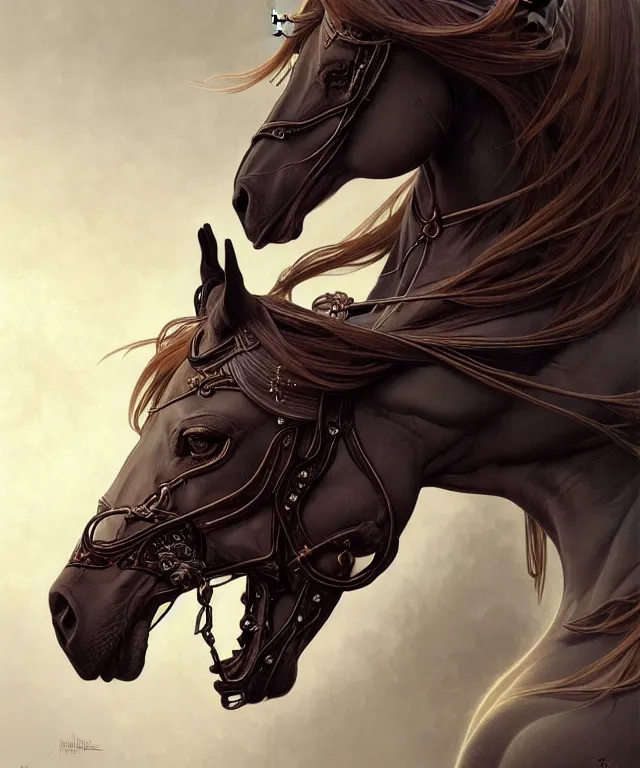 Image similar to anthropomorphic horse, fursona, trending on FurAffinity, dark surrealist , fantasy, intricate, elegant, highly detailed, digital painting, artstation, concept art, smooth, sharp focus, illustration, art by artgerm and greg rutkowski and alphonse mucha