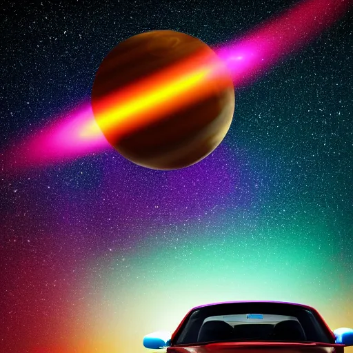 Prompt: A car flying through space, in the distance is a planet, neon, colorful, hyper realistic