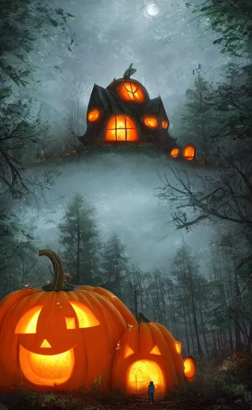 Image similar to a giant pumpkin house in the middle of a forest at night, the lights are on, dynamic lighting, photorealistic fantasy concept art, trending on art station, stunning visuals, creative, cinematic, ultra detailed