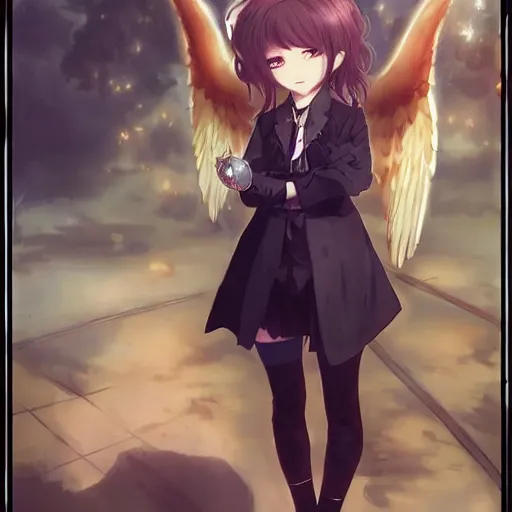 Image similar to cute anime girl bribing the district attorney. angel by krenz cushart and mucha and akihito yoshida and greg rutkowski, nier : automata inspired,