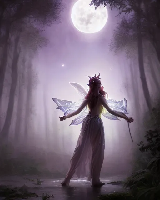 Image similar to attractive fairy goddness fly high in the night, d & d, fantasy, mist, full moon in background, trees, hyper detailed, art by artgerm and greg rutkowski and magali villeneuve, midium shot, 8 k realistic, cryengine, digital painting, trending on artstation, concept art, sharp focus, illustration,