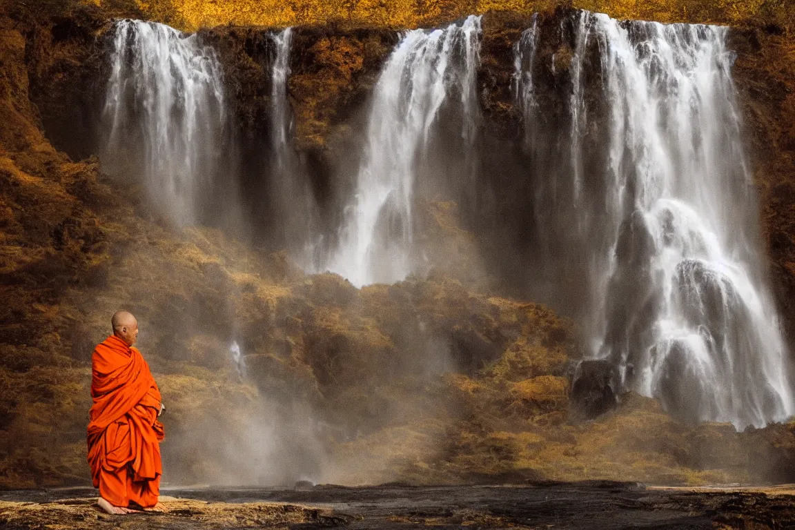 Image similar to dang ngo, annie leibovitz, steve mccurry, a simply breathtaking shot of mediating monk in orange, giantic waterfall, sunshine, golden ratio, wide shot, symmetrical