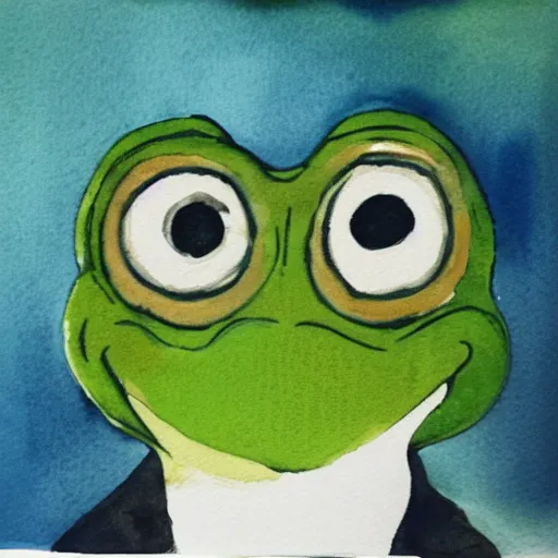 Prompt: watercolor portrait of Pepe The Frog smiling