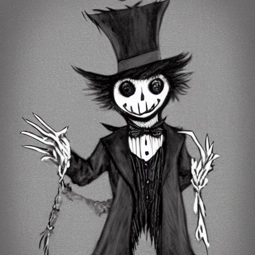 Image similar to a Pop Wonder scary horror themed goofy-hilarious-character Jack-Frost-Babadook-scarecrow-madhatter-williewonka-wearing a scarf, 3-piece-suit, dime-store-comic drawn with charcoal and pen and ink, half-tone-line-stacking