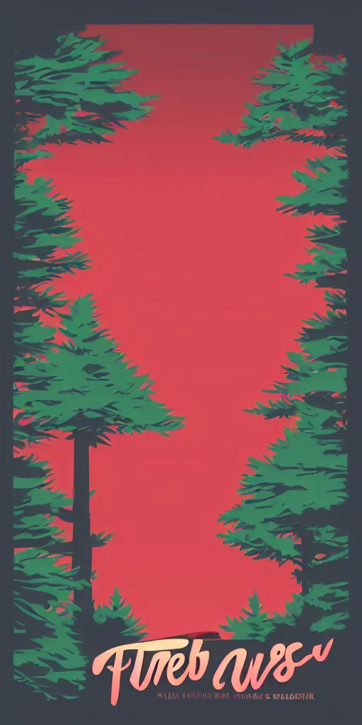 Image similar to shirt design, vector style, a bunch of pines, big red sun, fresh modern look, made with photoshop,