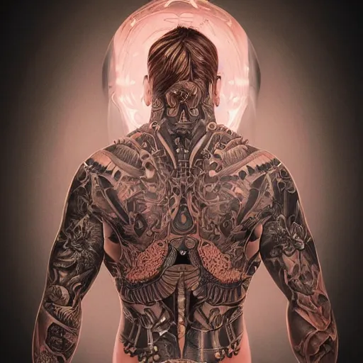 Image similar to tatted man laugh hard. matte, symmetrical anatomy, hyperdetailed, digital art, baroque, pop punk art style, fantasy, full body pictures, without duplication, art by artgerm and ilya kuvshinov and vinicius gud and gustavo zambelli, intricate, octane render.