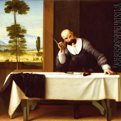 Prompt: a happy man ironing his collar shirt on a bed, renaissance, oil painting