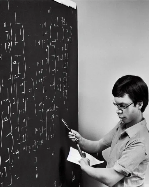 Image similar to a human-like kitten standing in from of a blackboard writing math formulae, realistic photo, 1970s