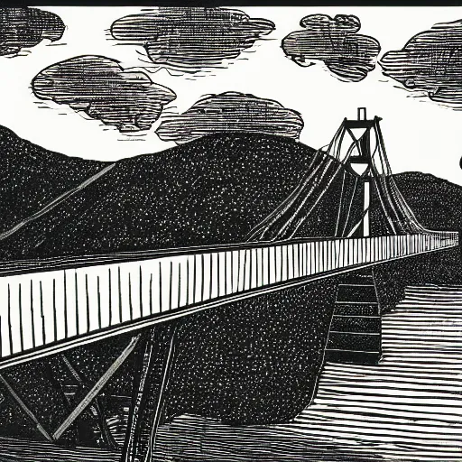 Image similar to steel suspension bridge built in 1 9 2 8, side view, puffy clouds in background, woodcut style, 8 k