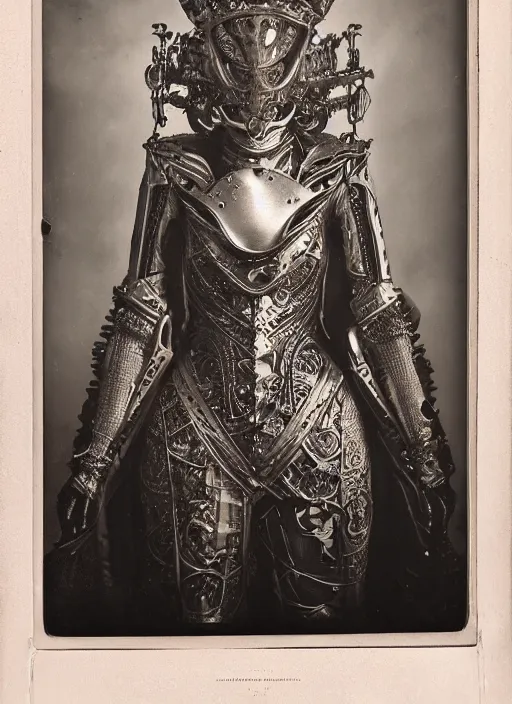 Image similar to old wetplate daguerreotype frame portrait of a futuristic silver armored pretty queen elisabeth emperor district 9 cyborg, fractal, intricate, elegant, highly detailed, subsurface scattering, by jheronimus bosch and greg rutkowski and louis jacques mande daguerre