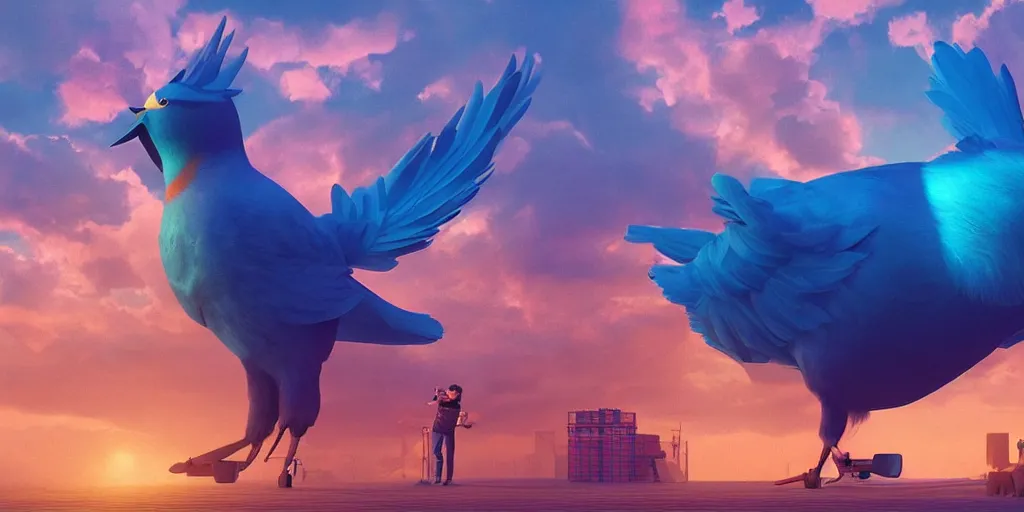 Prompt: a man yelling at a giant blue bird, award winning composition, vibrant neon nebulous clouds, symmetrical details, hyper realistic illustration, bright radiant light rays, photorealistic illustration, intricate and fine details, volumetric lighting, artstation, render by beeple
