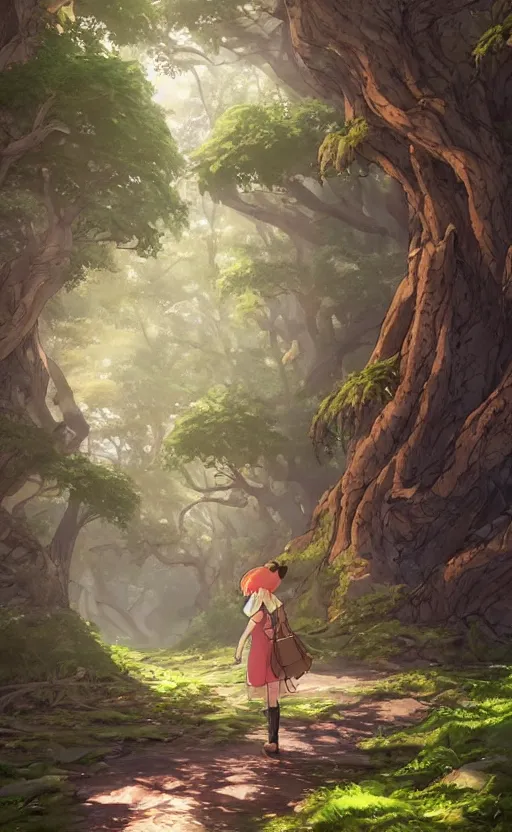 Image similar to forest path, beautiful ancient trees, hiding large treasure chest, serene evening atmosphere, soft lens, soft light, cel - shading, animation, in the style of cgsociety, deviantart, artstation, zbrush, cinema 4 d, studio ghibli, akihiko yoshida, atelier lulua, masamune shirow