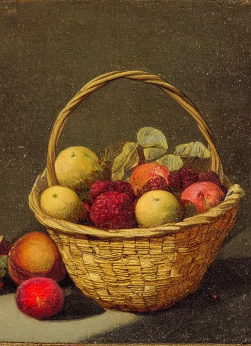 Image similar to a 1 9 th century oil sketch of a basket full of fruit. high quality scan