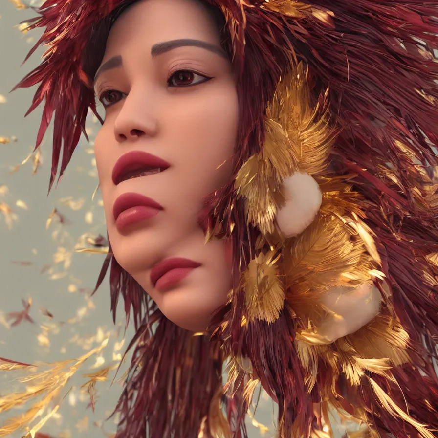 Image similar to closeup photoshoot of single asian goddess of bliss and honey, feathers hair, silk flowing in wind, totemic ritualistic tarot sigils embedded in ruby skin, photoreal, unreal engine, redshift render, trending on artstation