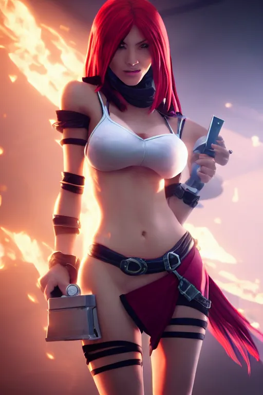 Image similar to Katarina from League of Legends holding a toaster, photorealistic full body, studio lighting, unreal engine 5, hyperrealistic, dynamic lighting, white ambient background, realistic, highly detailed