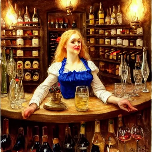 Prompt: beautiful blonde in hot dress in a wine cellar, food, pork, beer, schnapps, rustic, traditional, torches on the wall, watercolor by vladimir volegov, highly detailed, masterpiece, details by carl larsson