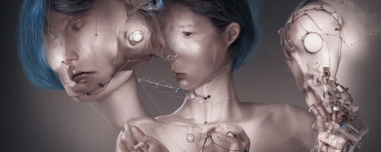 Image similar to hyperrealistic photography of a gorgeous female scientist constructing an empathy machine in the style of jin kagetsu, james jean, chris cunningham, hans bellmer and wlop, highly detailed, face symmetry, masterpiece, award - winning, sharp focus, intricate concept art, ambient lighting, 8 k, artstation