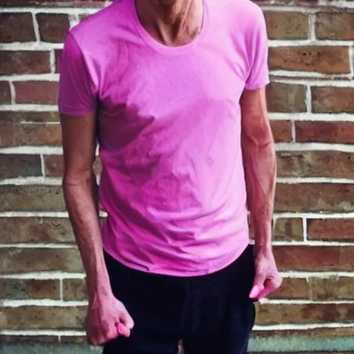 Image similar to bald skinny man in a pink t - shirt and pink pants, a colorized photo by hinchel or, tumblr, fantastic realism, colorized, handsome, da vinci