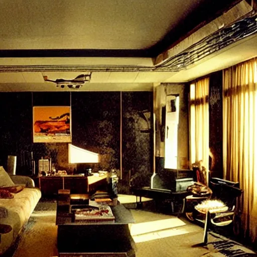 Image similar to rick deckard living room from bladerunner, as decorated by norman rockwell, moody, decadent, dirty,