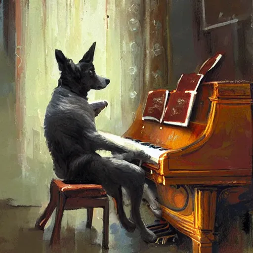 Image similar to a dog playing piano, painted by Craig Mullins