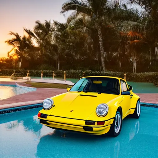 Prompt: a yellow 1 9 8 5 porsche 9 1 1 turbo driven half into a palm beach swimming pool, sunset, hyperreal, 4 k