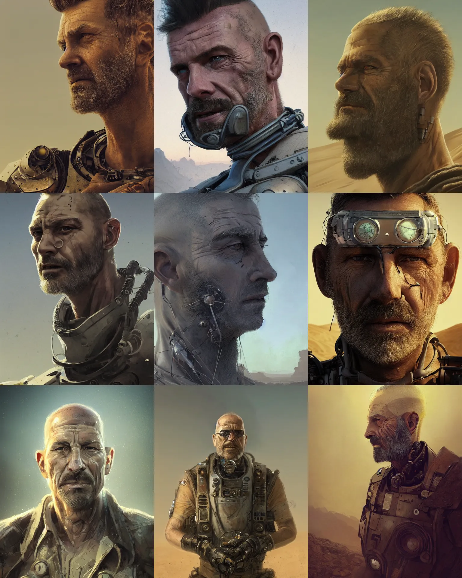 Image similar to a rugged middle aged engineer man with cybernetic enhancements and half head shaved lost in the desert, scifi character portrait by greg rutkowski, esuthio, craig mullins, short beard, green eyes, 1 / 4 headshot, cinematic lighting, dystopian scifi gear, gloomy, profile picture, mechanical, half robot, implants, steampunk