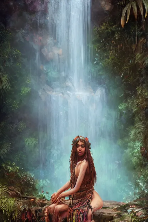 Image similar to portrait of bohemian girl in the jungle by a waterfall, staring directly into camera, intricate, elegant, glowing lights, highly detailed, digital painting, artstation, sharp focus, illustration, art by wlop, mars ravelo and greg rutkowski