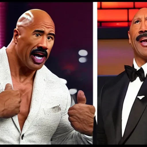 Prompt: Steve Harvey and Dwayne the Rock Johnson crying over a burnt potato