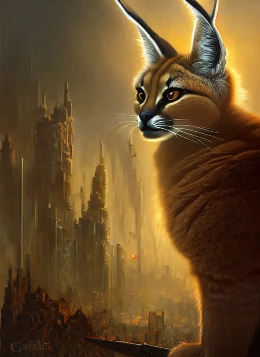 Image similar to a cute fluffy caracal, in postapocalypse city, diffuse lighting, fantasy, intricate, elegant, highly detailed, lifelike, photorealistic, digital painting, artstation, illustration, concept art, smooth, sharp focus, art by john collier and artem demura and albert aublet and krenz cushart and alphonse mucha