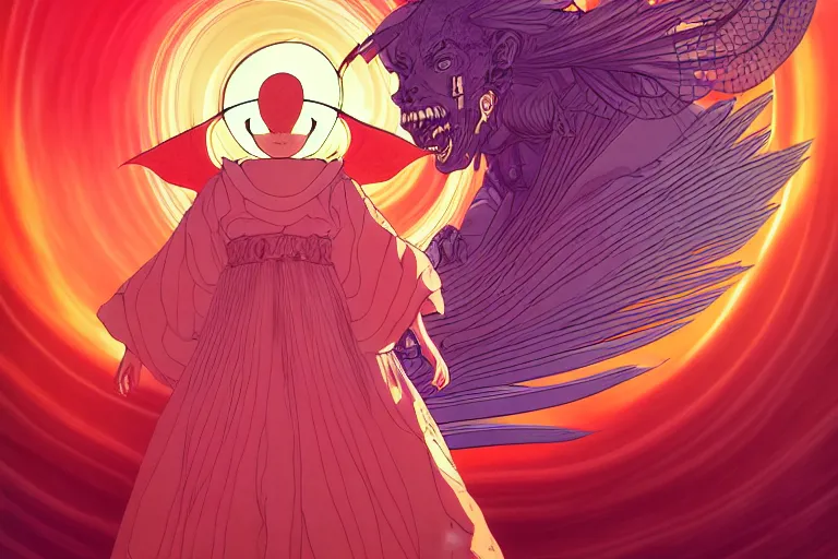 Prompt: digital illustration of a surprised child summoning a powerful demon, clean lines, extreme detail, cel shaded anime key visual in the style of moebius, ayami kojima, 9 0's anime, retro fantasy