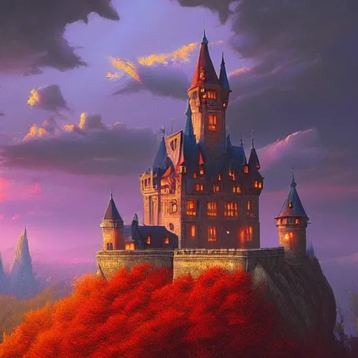 Prompt: Evil castle by Evgeny Lushpin, greg rutkowski,red sky,background mountains,autumn,halloween