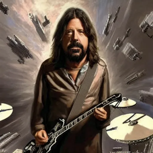 Image similar to wookie dave grohl, flying millenium falcon, hans solo playing drums in background, hyperrealism