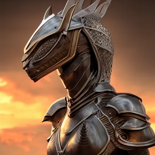 Image similar to stunning bust of a beautiful female knight, but as an anthropomorphic female dragon, well designed cute elegant female robot dragon head, well armored, sharp claws, HD octane render, fantasy, Artstation, Deviantart, Furaffinity