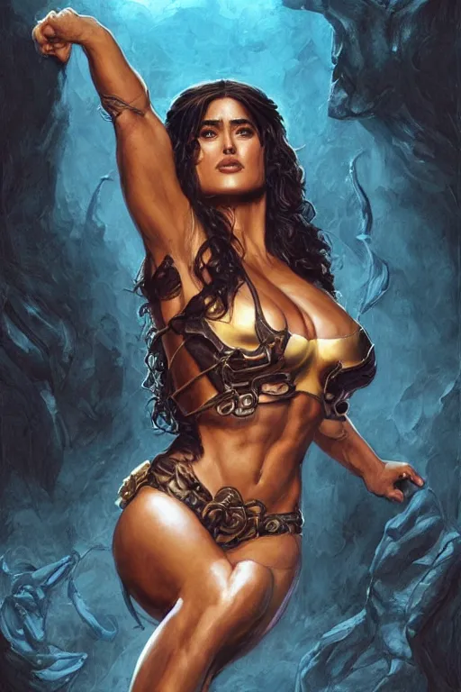 Image similar to muscled Salma Hayek as a ruggedly handsome super heroine, intricate, elegant, highly detailed, centered, digital painting, artstation, concept art, smooth, sharp focus, illustration, art by artgerm and donato giancola and Joseph Christian Leyendecker, Ross Tran, WLOP