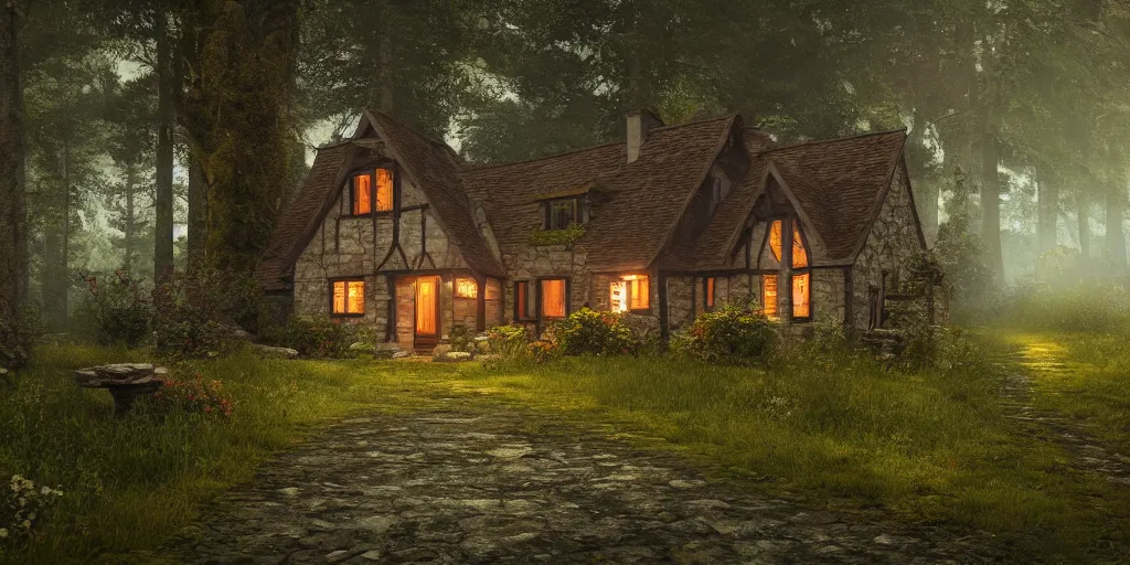 Prompt: loan cottage in the woods, 8k, fantasy, photorealistic, dramatic lighting