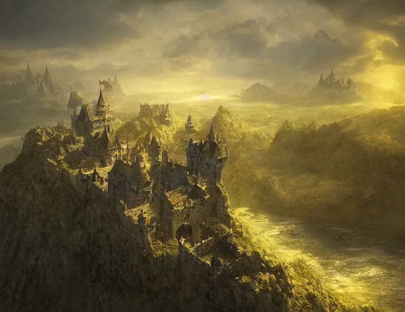 Image similar to Fantasy solitary Castle on a plain, near a river, yellow roofs. Joyful matte painting by Darek Zabrocki and Emmanuel Shiu, 4k ultra detailed, great composition cinematic.