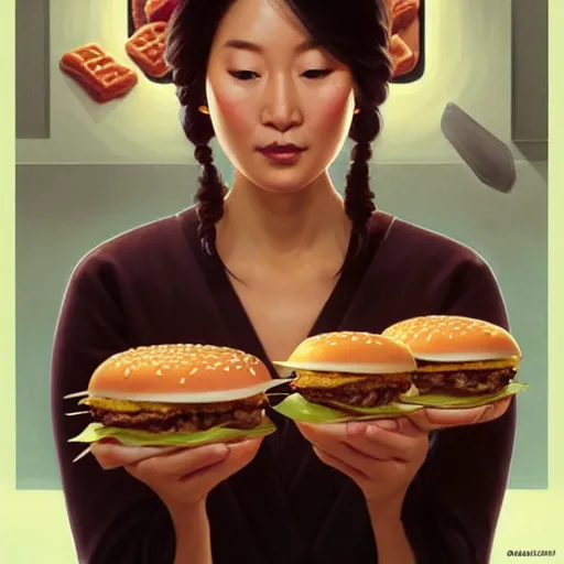 Image similar to portrait of Connie Chung eating hamburgers, extra onions and ketchup, luscious patty with sesame seeds, feminine ethereal, handsome, D&D, fantasy, intricate, elegant, highly detailed, digital painting, artstation, concept art, matte, sharp focus, illustration, art by Artgerm and Greg Rutkowski and Alphonse Mucha