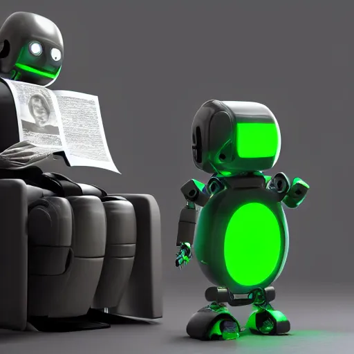 Image similar to futuristic lonely matte dark gray and translucent green full-body humanoid robot with huge expressive comically sad LED eyes and open rectangular mouth sitting on a large comfortable cushioned vintage recliner reading a newspaper comics page. Cinematic Lighting, Cinematic Movie Photograph, Arri Alexa, Extremely Detailed, smooth, very very clean, simple, 8K, octane render, maya render, unreal engine, trending on artstation, DSLR, excellent composition, moody