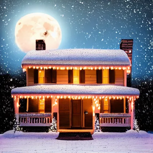 Prompt: a little house on a snowy night, full moon, christmas lights, santa claus approaching the house